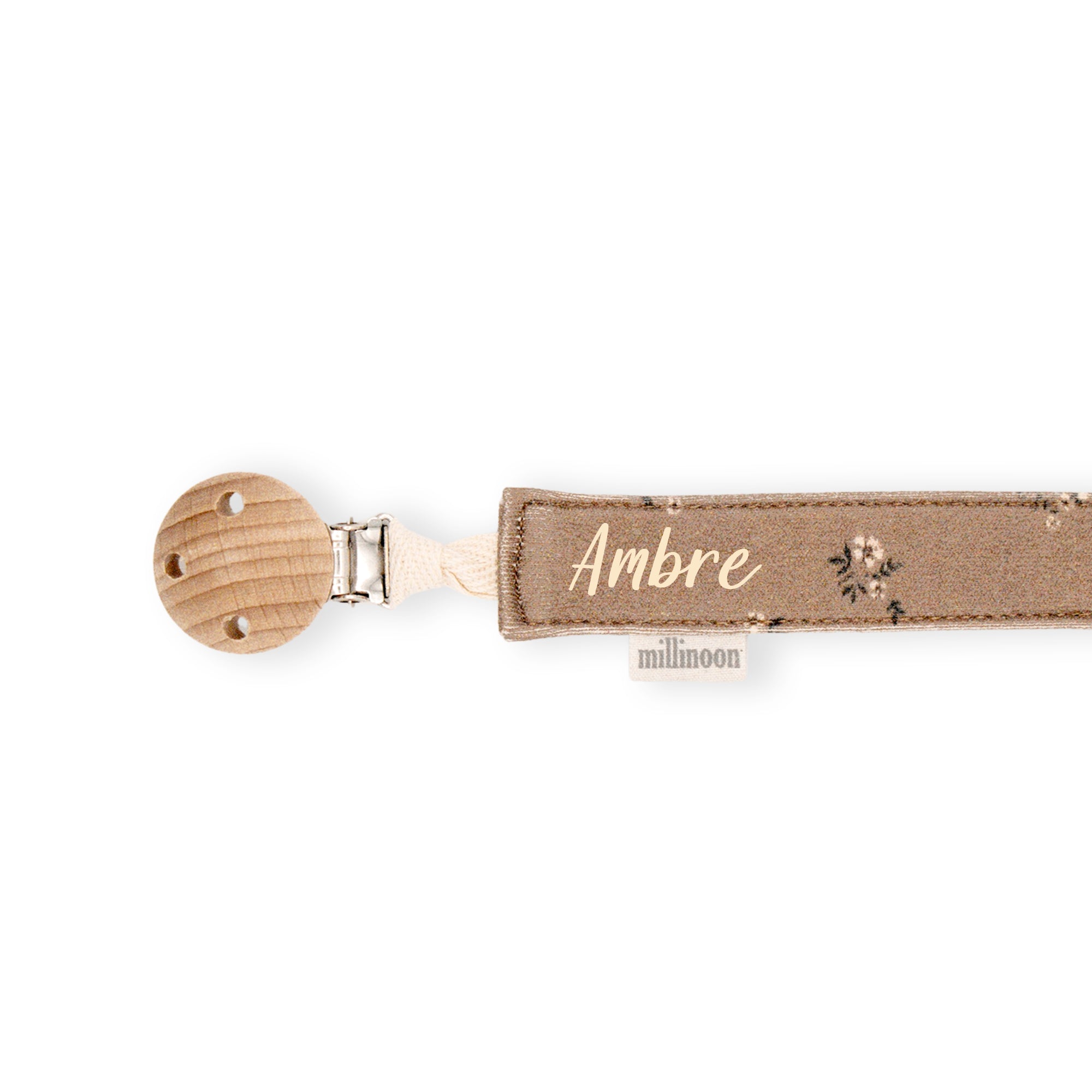 Attache tétine maille coton bio fleuri marron