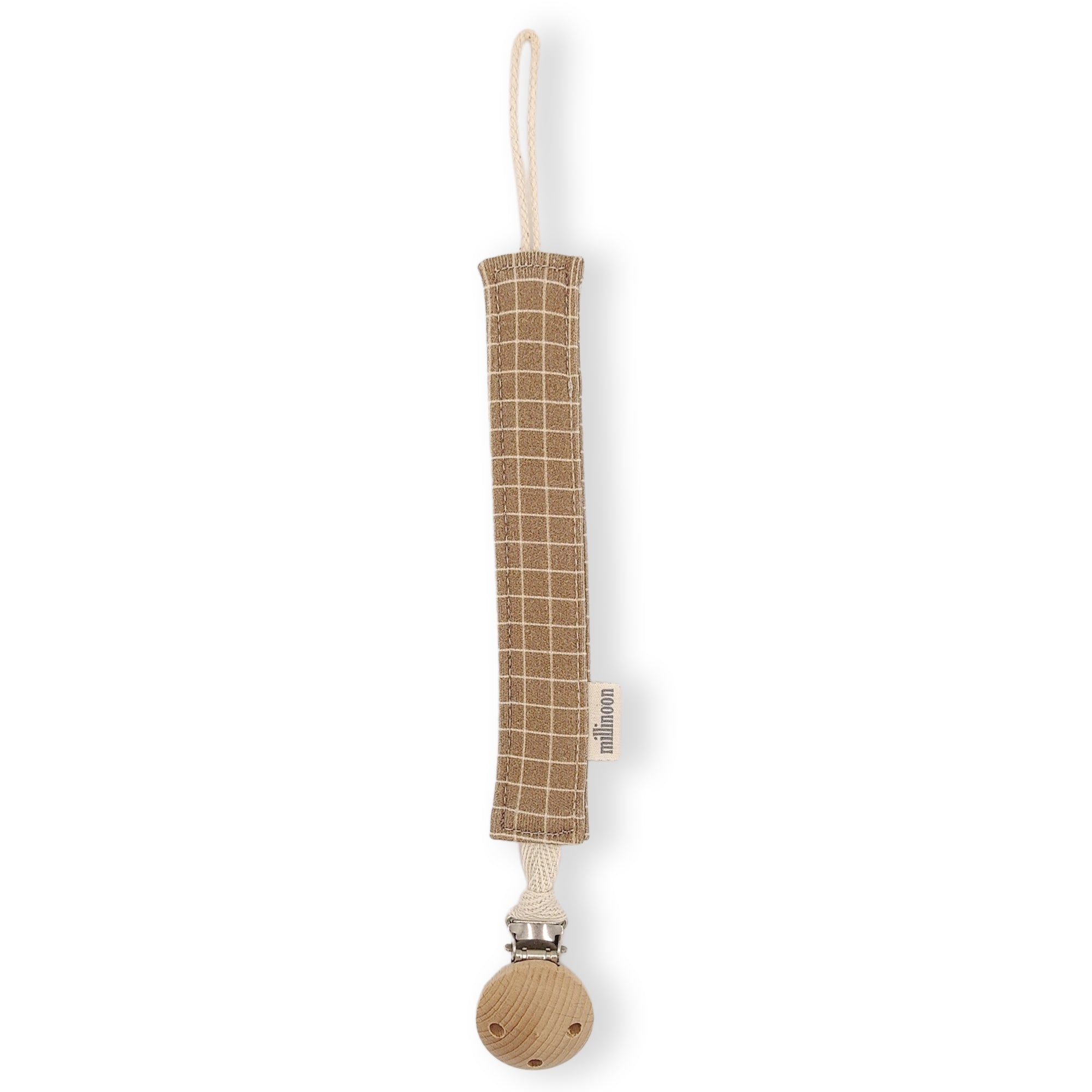 Attache tétine maille coton bio carreau marron