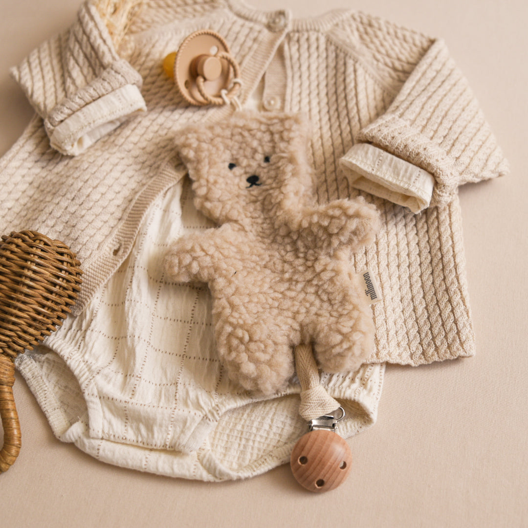 Attache tétine clip ourson sherpa beige