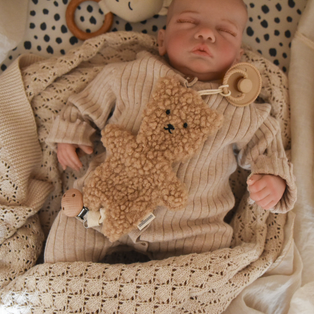 Attache tétine clip ourson sherpa marron clair