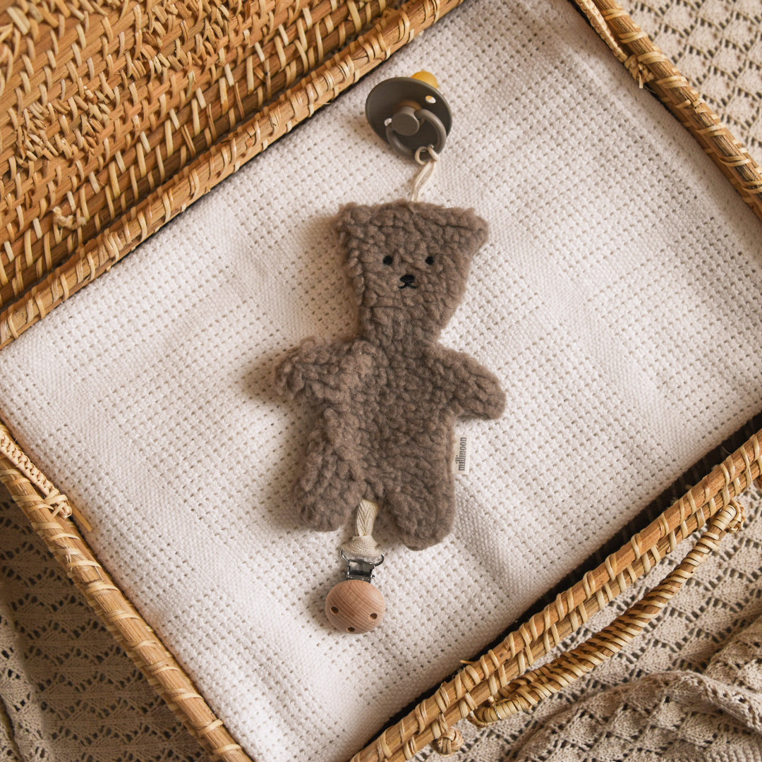 Attache tétine clip ourson sherpa taupe