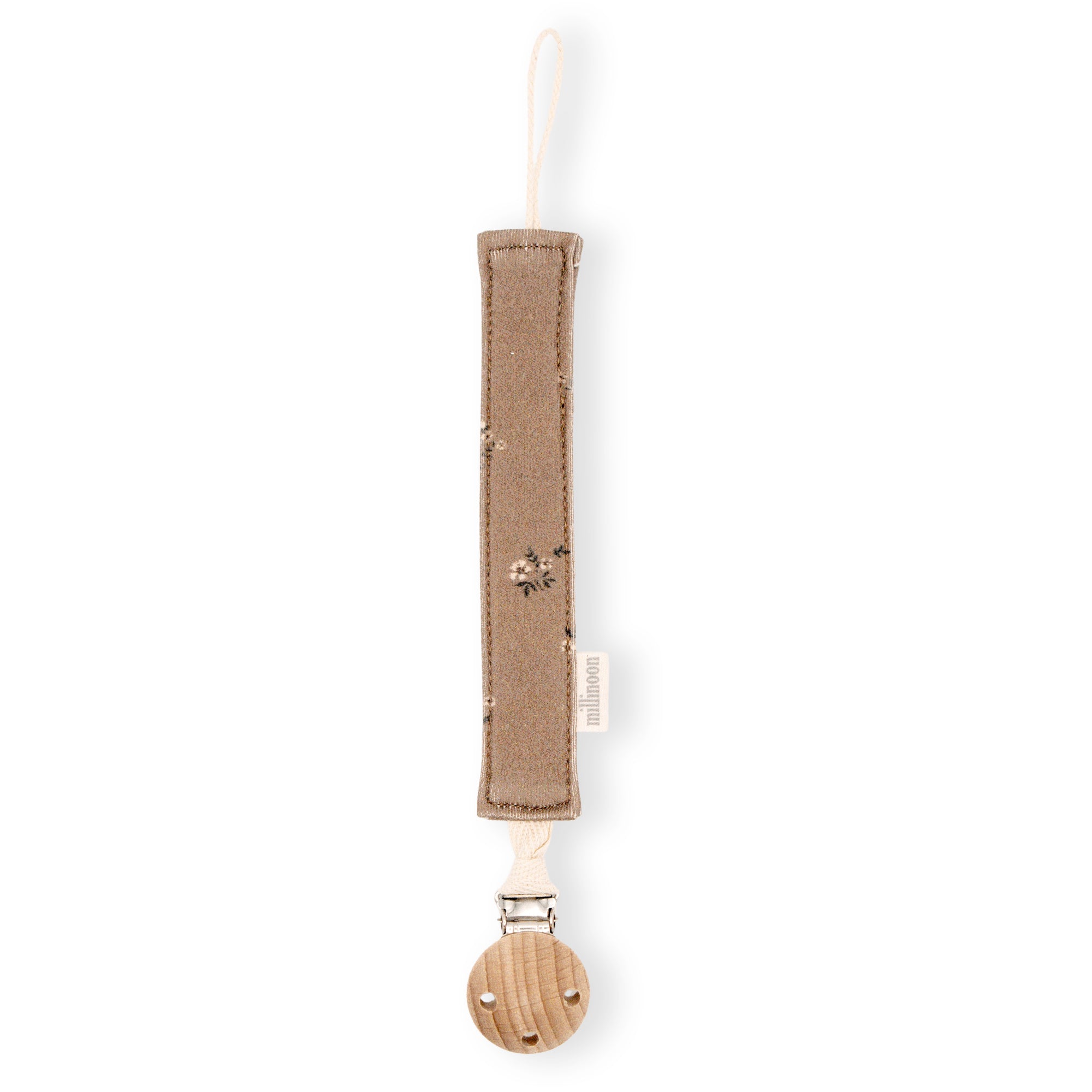 Attache tétine maille coton bio fleuri marron
