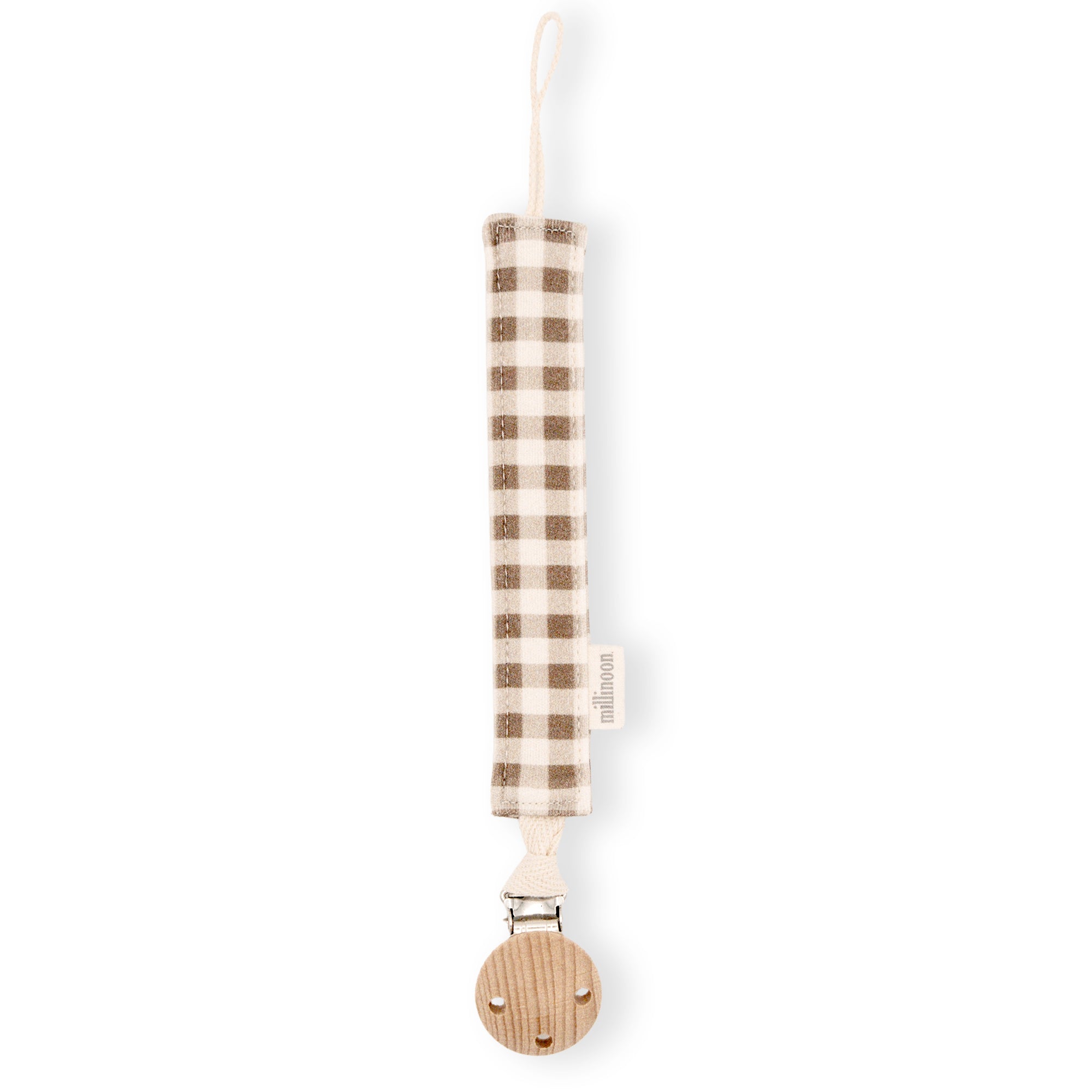 Attache tétine maille coton bio vichy brun kaki